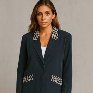 Michael Mims Kathy Cole 100% Silk Vintage Blazer L Button Print Collar Mod Retro